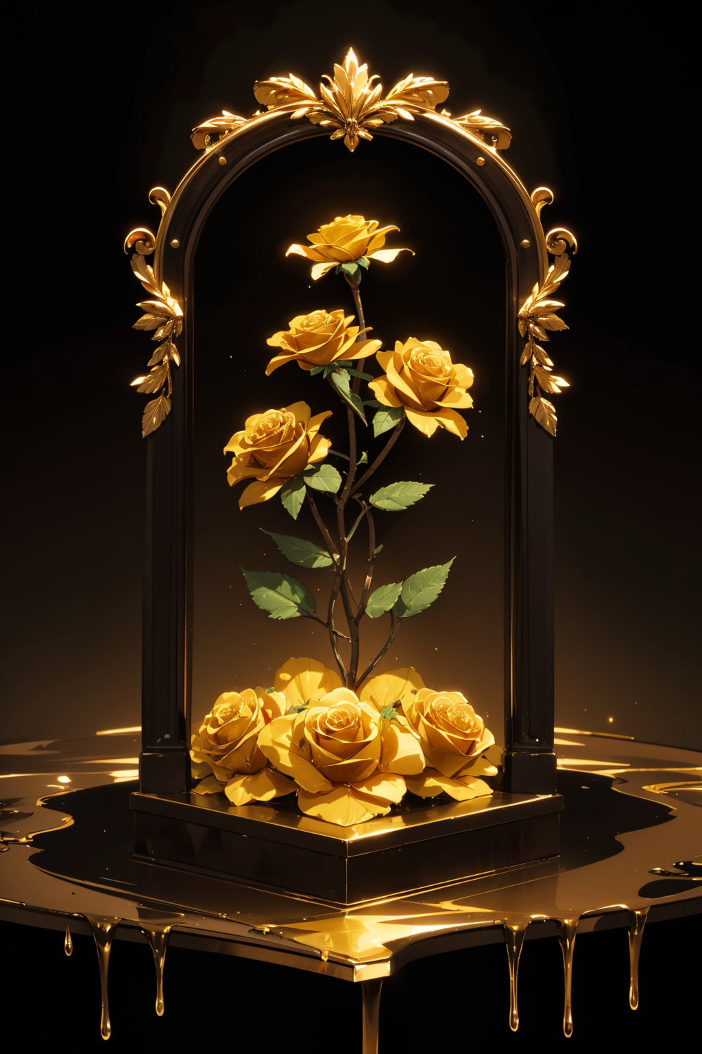 3d blackgold rose flowers, dripping golden fluid dark background Morbid Attraction NEON\\